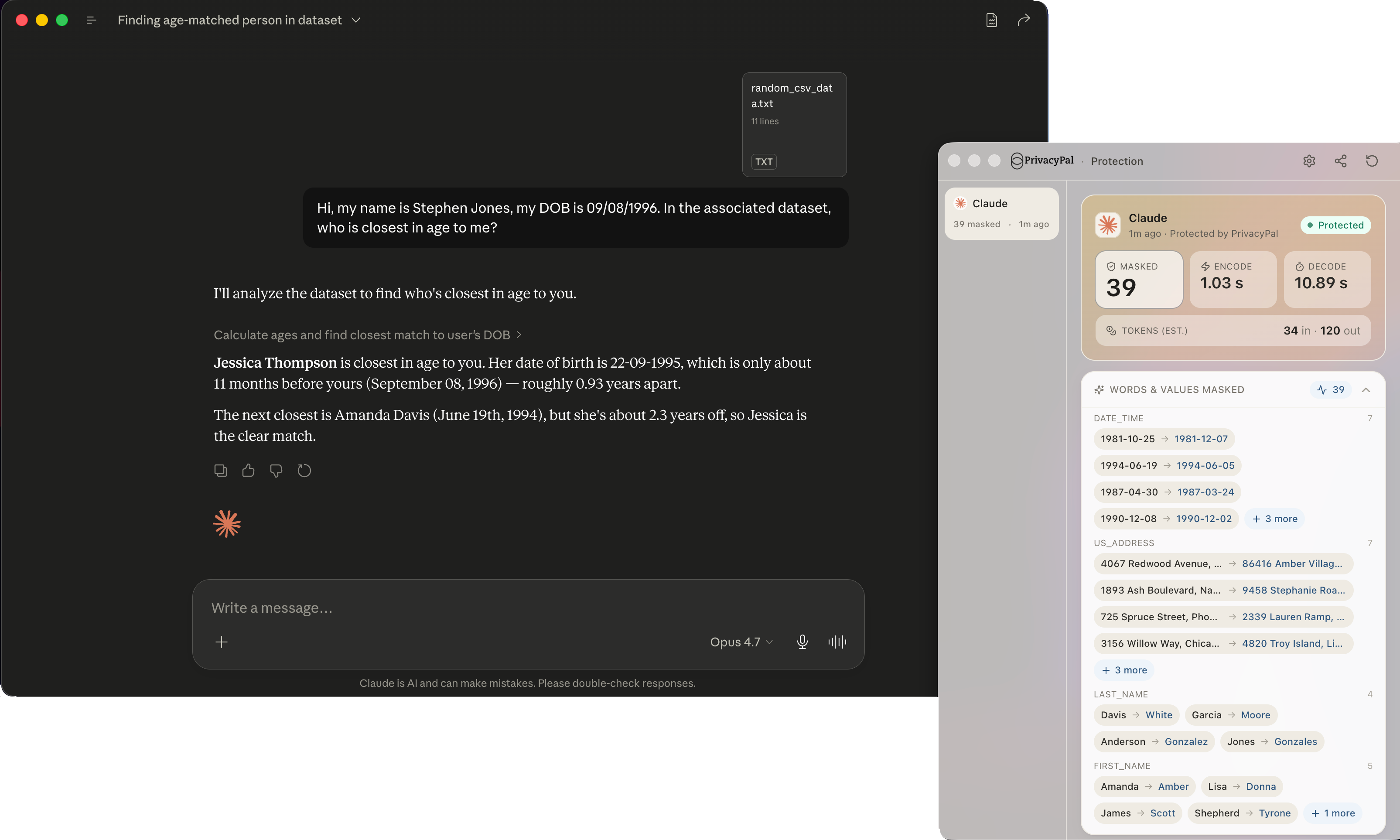 PrivacyPal governing a Claude desktop session